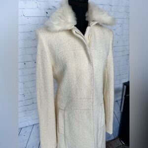 NWOT Marvin Richards Faux Fur Collar Midi Coat, wool-blend, Cream, Medium
